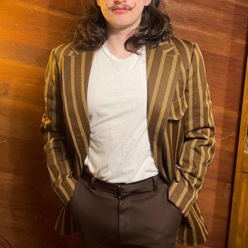 VINTAGE 70s Pinstripe Blazer Suit Jacket Size M Mod Brown Retro Menswear